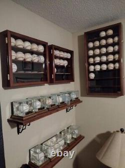 Baseball Display Case 20 Cherry Wood Ball Holder Wall Rack Cabinet Shadow Box