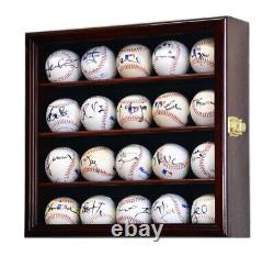 Baseball Display Case 20 Cherry Wood Ball Holder Wall Rack Cabinet Shadow Box