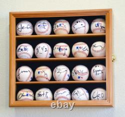 Baseball Display Case 20 Oak Wood Ball Holder Wall Rack Cabinet Lock Shadow Box