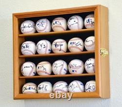 Baseball Display Case 20 Oak Wood Ball Holder Wall Rack Cabinet Lock Shadow Box