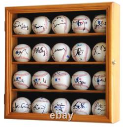 Baseball Display Case 20 Oak Wood Ball Holder Wall Rack Cabinet Lock Shadow Box