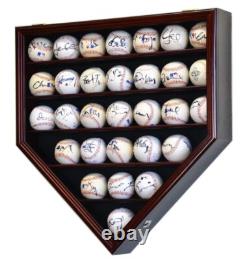 Baseball Display Case 30 Cherry Wood MLB Autograph Ball Rack Holder Wall Cabinet