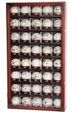 Baseball Display Case 40 Acrylic Cubes Box Cherry Wood Ball Holder Wall Cabinet