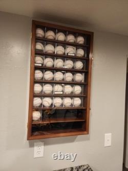 Baseball Display Case 40 Acrylic Cubes Box Cherry Wood Ball Holder Wall Cabinet