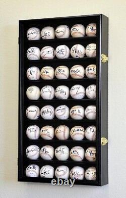 Baseball Display Case 40 Black Wood Ball Holder Wall Rack Cabinet Shelf Cabinet