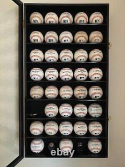 Baseball Display Case 40 Black Wood Ball Holder Wall Rack Cabinet Shelf Cabinet