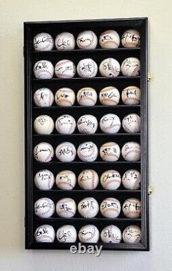 Baseball Display Case 40 Black Wood Ball Holder Wall Rack Cabinet Shelf Cabinet
