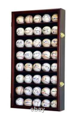 Baseball Display Case 40 Cherry Wood Ball Holder Wall Rack Cabinet Shelf Cabinet