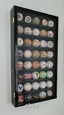 Baseball Display Case 40 Cherry Wood Ball Holder Wall Rack Cabinet Shelf Cabinet