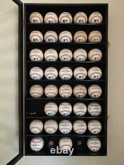 Baseball Display Case 40 Cherry Wood Ball Holder Wall Rack Cabinet Shelf Cabinet