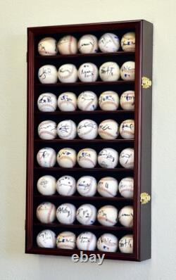 Baseball Display Case 40 Cherry Wood Ball Holder Wall Rack Cabinet Shelf Cabinet