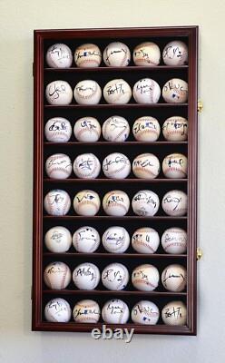 Baseball Display Case 40 Cherry Wood Ball Holder Wall Rack Cabinet Shelf Cabinet