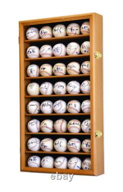 Baseball Display Case 40 Oak Wood Ball MLB Holder Wall Rack Lock Cabinet Cabinet