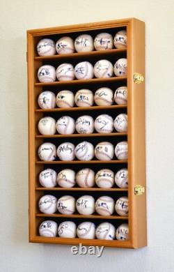 Baseball Display Case 40 Oak Wood Ball MLB Holder Wall Rack Lock Cabinet Cabinet