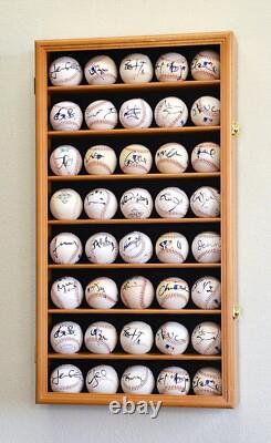 Baseball Display Case 40 Oak Wood Ball MLB Holder Wall Rack Lock Cabinet Cabinet