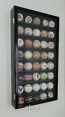 Baseball Display Case 40 Oak Wood Ball MLB Holder Wall Rack Lock Cabinet Cabinet