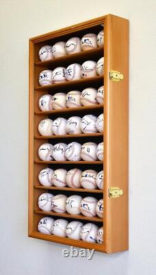 Baseball Display Case 40 Oak Wood Ball MLB Holder Wall Rack Lock Cabinet Cabinet