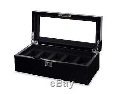 Black Wood Watch Box 5-Piece Case Display Organizer Holder Glass Lid Silk Lining