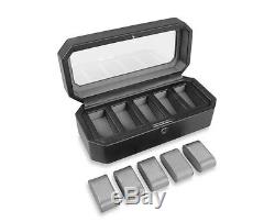 Black Wood Watch Box Storage 5-Piece Display Case Glass Faux Leather Silk Fabric