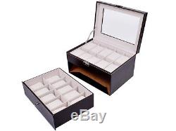 Brown Leather 20 Grid Jewelry Watch Display Organizer Glass Top Box Case Large