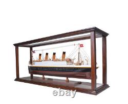 Brown Table Top Ship Model Wood Display Case 32 Med. Ocean Liner & Cruise Ships