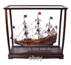 Brown Tall Ship Model Display Case Wooden Medium 34 Table Top Cabinet Stand New