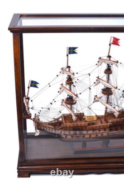 Brown Tall Ship Model Display Case Wooden Medium 34 Table Top Cabinet Stand New
