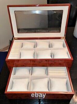 Burl Wood 13 Compartment Watch Display Box/case -new