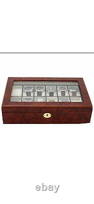 Burl Wood finish 12 watch display case. Inlaid Edge