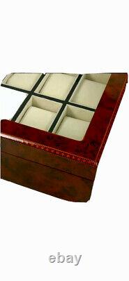 Burl Wood finish 12 watch display case. Inlaid Edge