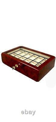 Burl Wood finish 12 watch display case. Inlaid Edge