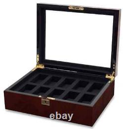 Burlwood Watch Lock Box Display Case, 10 Section Storage Holder, Wood Organizer