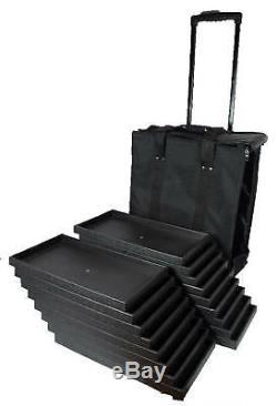 Canvas Rolling Salesman Travel Case With 17 Wood Sample Display Trays Organizer