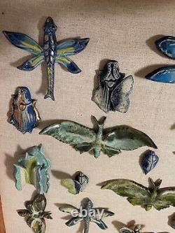 Ceramic Bug Art Dragonfly Moth Insects Bugs Art Pottery in Wood Display Case