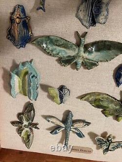 Ceramic Bug Art Dragonfly Moth Insects Bugs Art Pottery in Wood Display Case