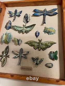 Ceramic Bug Art Dragonfly Moth Insects Bugs Art Pottery in Wood Display Case