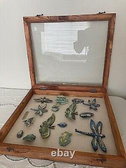 Ceramic Bug Art Dragonfly Moth Insects Bugs Art Pottery in Wood Display Case