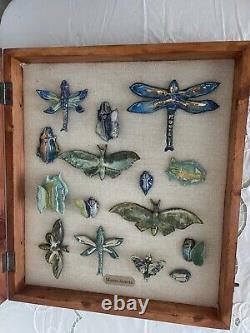 Ceramic Bug Art Dragonfly Moth Insects Bugs Art Pottery in Wood Display Case