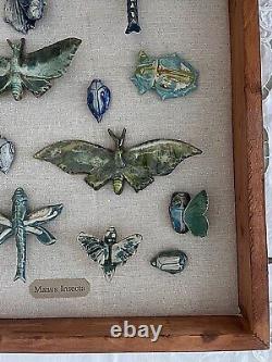 Ceramic Bug Art Dragonfly Moth Insects Bugs Art Pottery in Wood Display Case