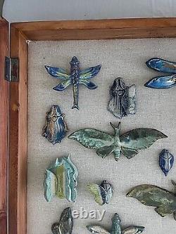 Ceramic Bug Art Dragonfly Moth Insects Bugs Art Pottery in Wood Display Case