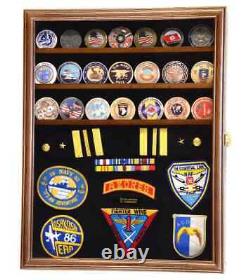 Challenge Coin Display Case Pin Badge Medal Adjustable Shelves Walnut Wood Rack