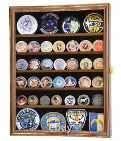 Challenge Coin Display Case Pin Badge Medal Adjustable Shelves Walnut Wood Rack