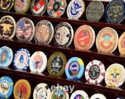 Challenge Coin Display Case Pin Badge Medal Adjustable Shelves Walnut Wood Rack