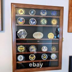 Challenge Coin Display Case Pin Badge Medal Adjustable Shelves Walnut Wood Rack