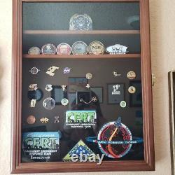 Challenge Coin Display Case Pin Badge Medal Adjustable Shelves Walnut Wood Rack