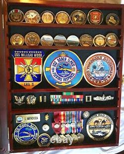 Challenge Coin Display Case Pin Badge Medal Adjustable Shelves Walnut Wood Rack