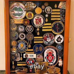 Challenge Coin Display Case Pin Badge Medal Adjustable Shelves Walnut Wood Rack