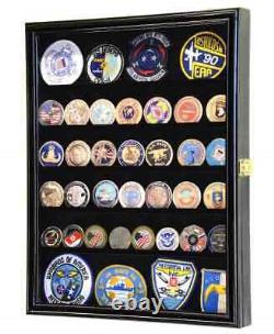 Challenge Coin Display Case Pin Badge Medal Adjustable Shelves Walnut Wood Rack