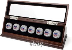Championship Ring Display Case Mahogany Wood 7 Pcs NFL NBA Super Bowl Shadow Box
