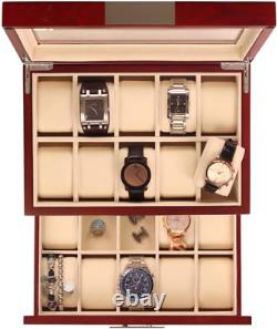Cherry Oak Wood 20 Slot Watch Display Case and Jewelry Box Storage Organizer Da